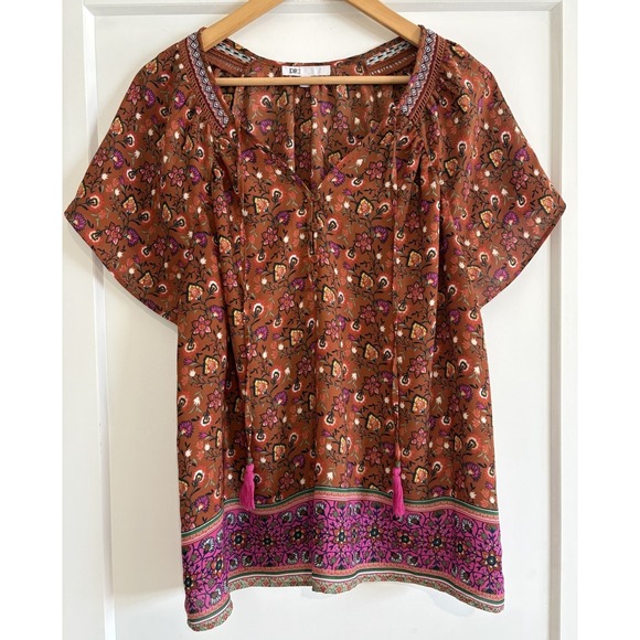 DR2 By Daniel Rainn Tops - DR2 by Daniel Rainn Boho Floral Tassel Blouse M Short Sleeve Rust Pink Peasant